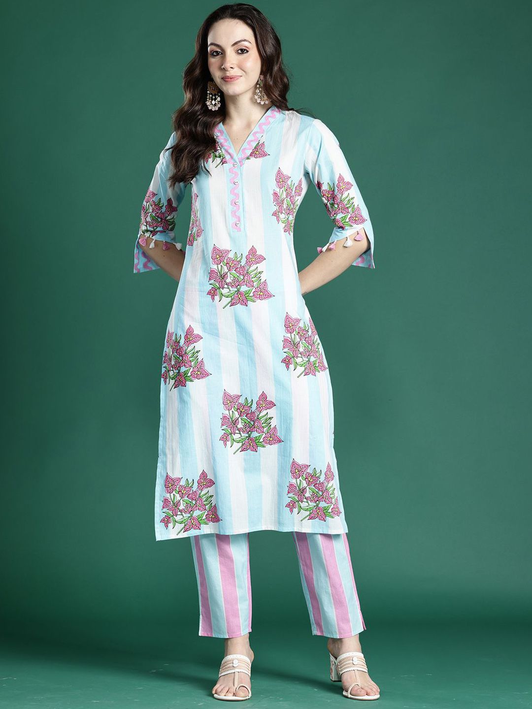 Dhiyona IE Indo era Printed Pure Cotton V Neck Top With Trousers Co-Ords Set