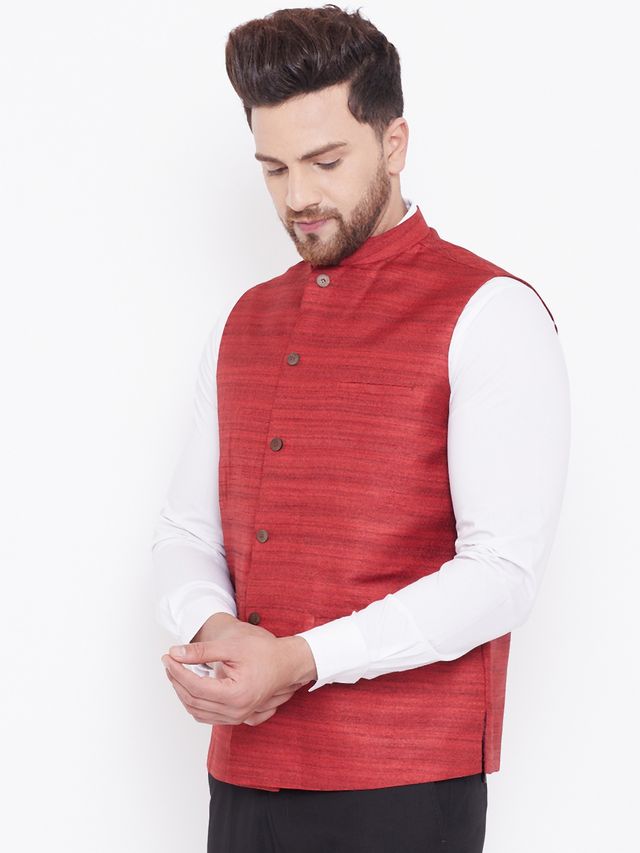 Men's Maroon Silk Blend Straight Nehru Jacket