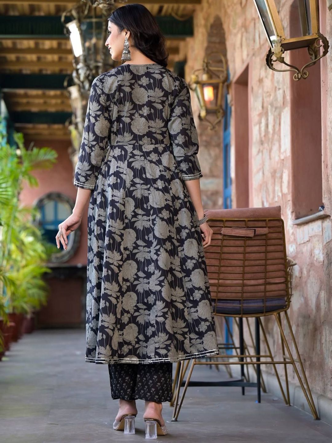 Dhiyona VA Women's Floral Printed Panelled Mirror Work Kurta with Trousers & With Dupatta