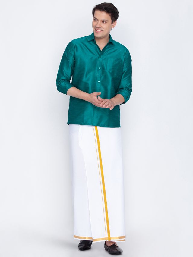 Men's Green Silk Blend Straight Shirt And Mundu