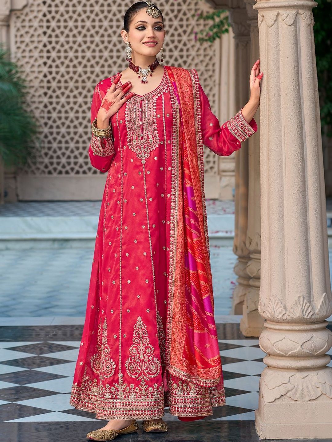 Women Ethnic Motifs Embroidered Panelled Sequinned Kurta with Trousers & With Dupatta