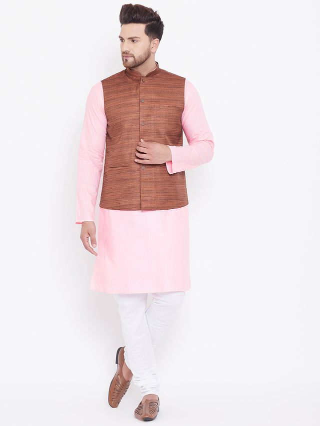 Men's Pink Cotton Blend Straight Jacket Kurta and Pyjama Set