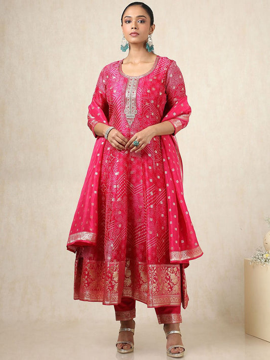 Dhiyona SO Women's Bandhani Printed Thread Work A-Line Kurta With Trousers And Dupatta
