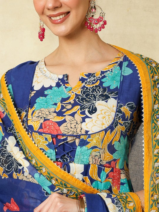 Women's Floral Printed Pure Cotton Anarkali Kurta With Trousers And Dupatta
