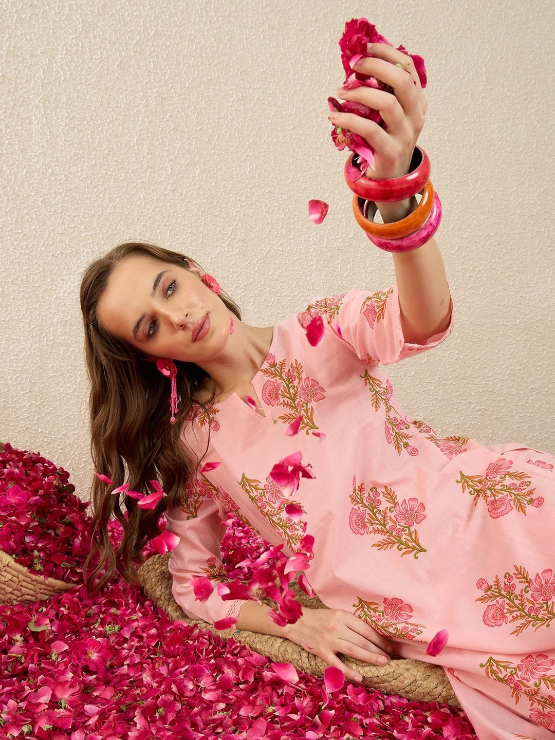 Dhiyona IE Printed Round Neck Three-Quarter Sleeves Pure Cotton Top With Trousers