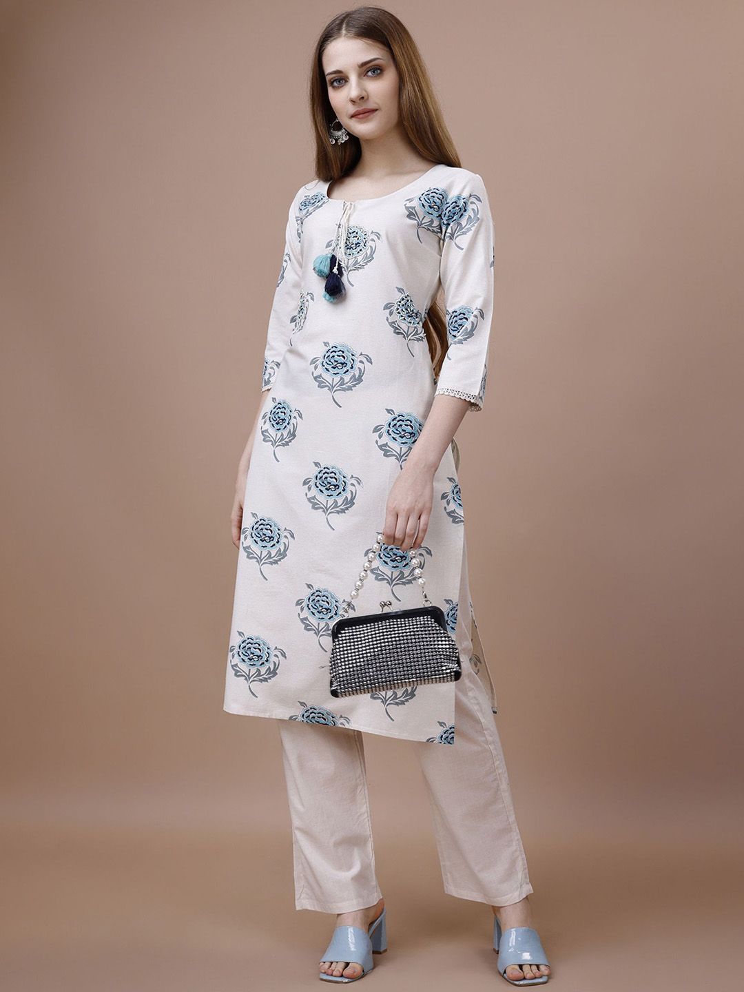 Dhiyona OD Floral Printed Tie-Up Neck Cotton Straight Kurta