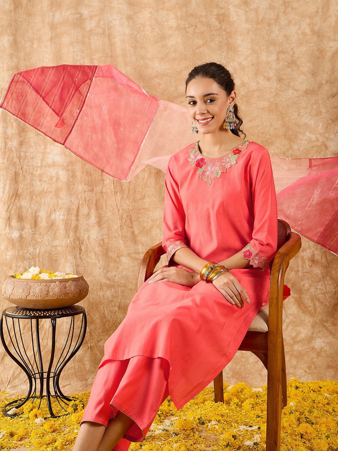 Floral Yoke Design Straight Sequinned Liva Kurta with Palazzos & Dupatta
