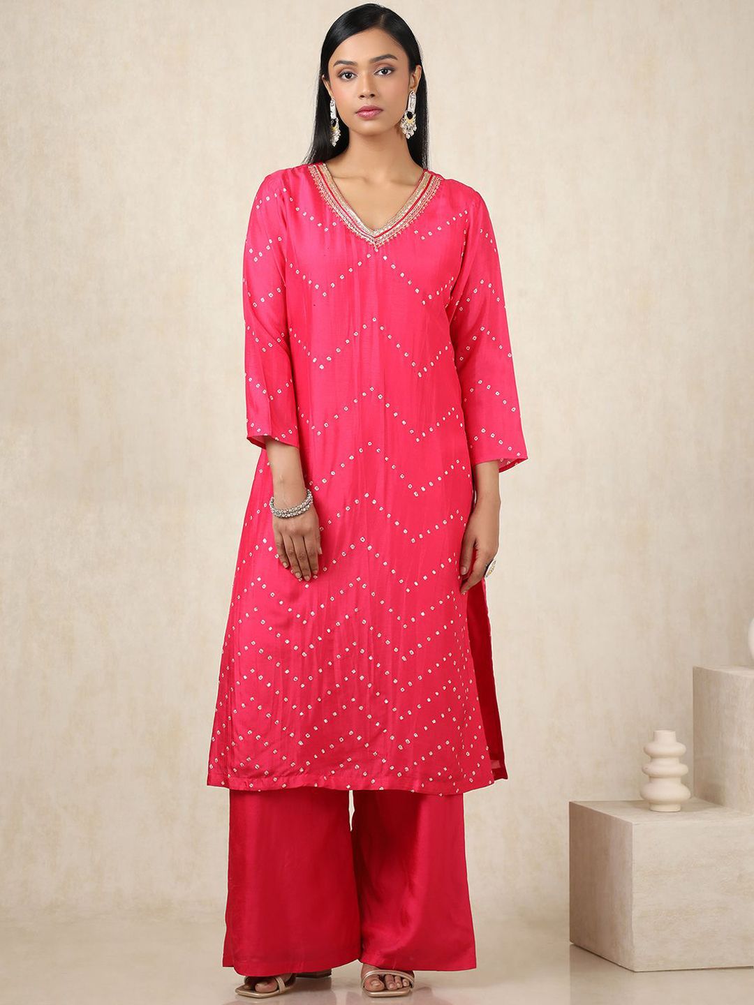 Dhiyona SO Women's Bandhani Printed V-Neck Sequinned Straight Kurta With Palazzos & Dupatta