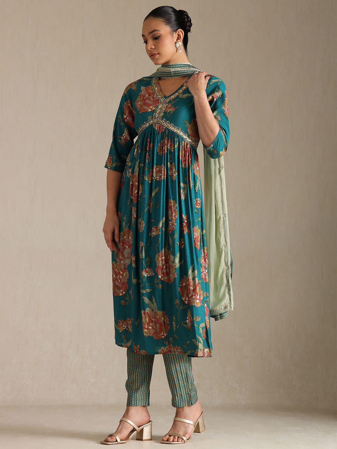 Dhiyona SO Women's Floral Printed V-Neck Sequinned Empire Anarkali Kurta With Trousers & Dupatta