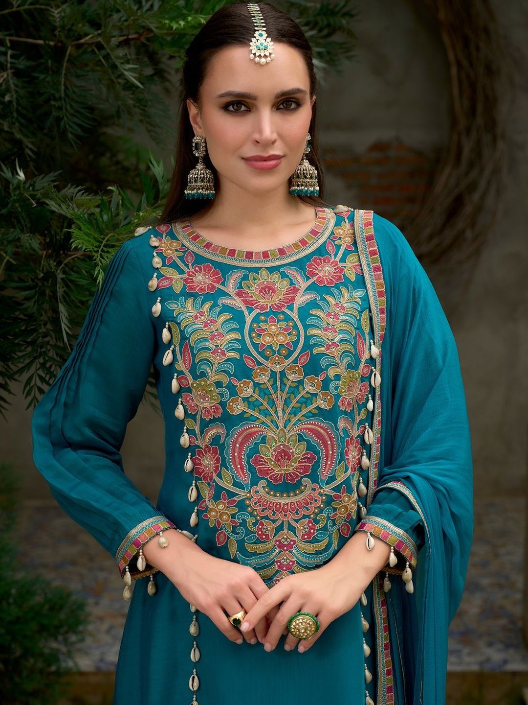 Floral Embroidered A-Line Round Neck Beads & Stones Kurta With Trousers & Dupatta