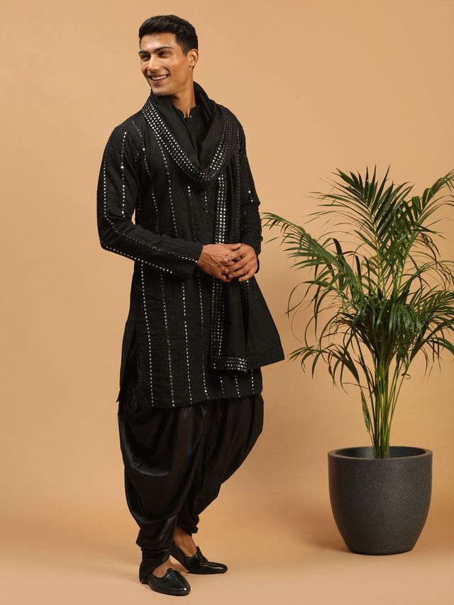 Men's Black Viscose Straight Kurta and Dhoti Set