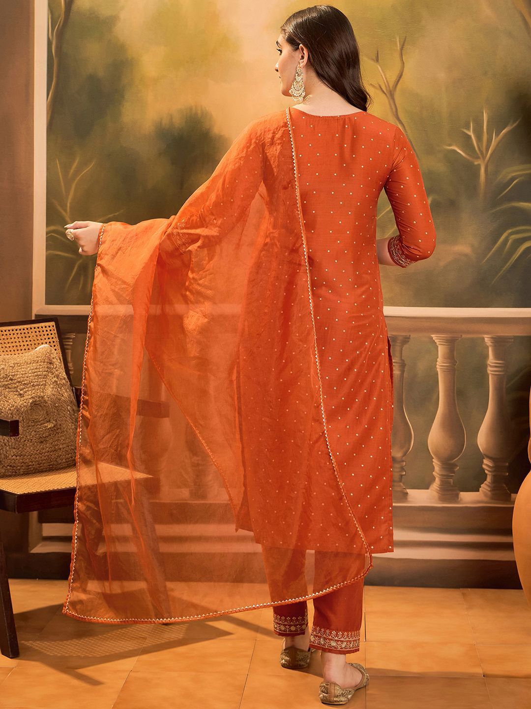 Dhiyona SN Women's Polka Dots Printed V-Neck Thread Work Chinon Kurta With Trousers & Dupatta