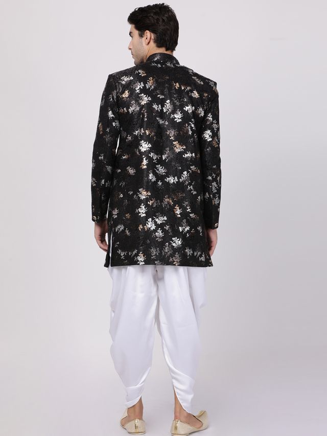 Men's Black Polyester Lurex Blend Asymmetric Sherwani Set
