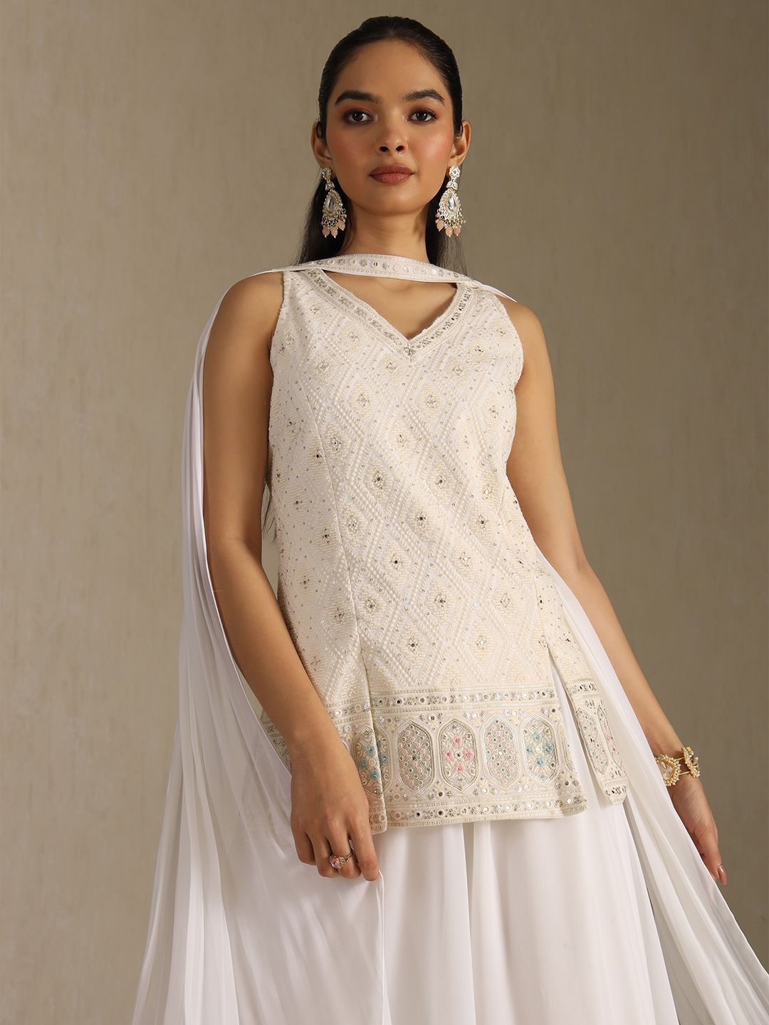Dhiyona SO Women's Ethnic Motifs Embroidered V-Neck Mirror Work Georgette Kurta With Palazzos & Dupatta