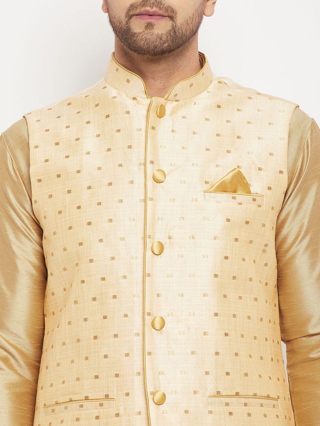 Men's Rose Gold Silk Blend Straight Jacket Kurta and Dhoti Set