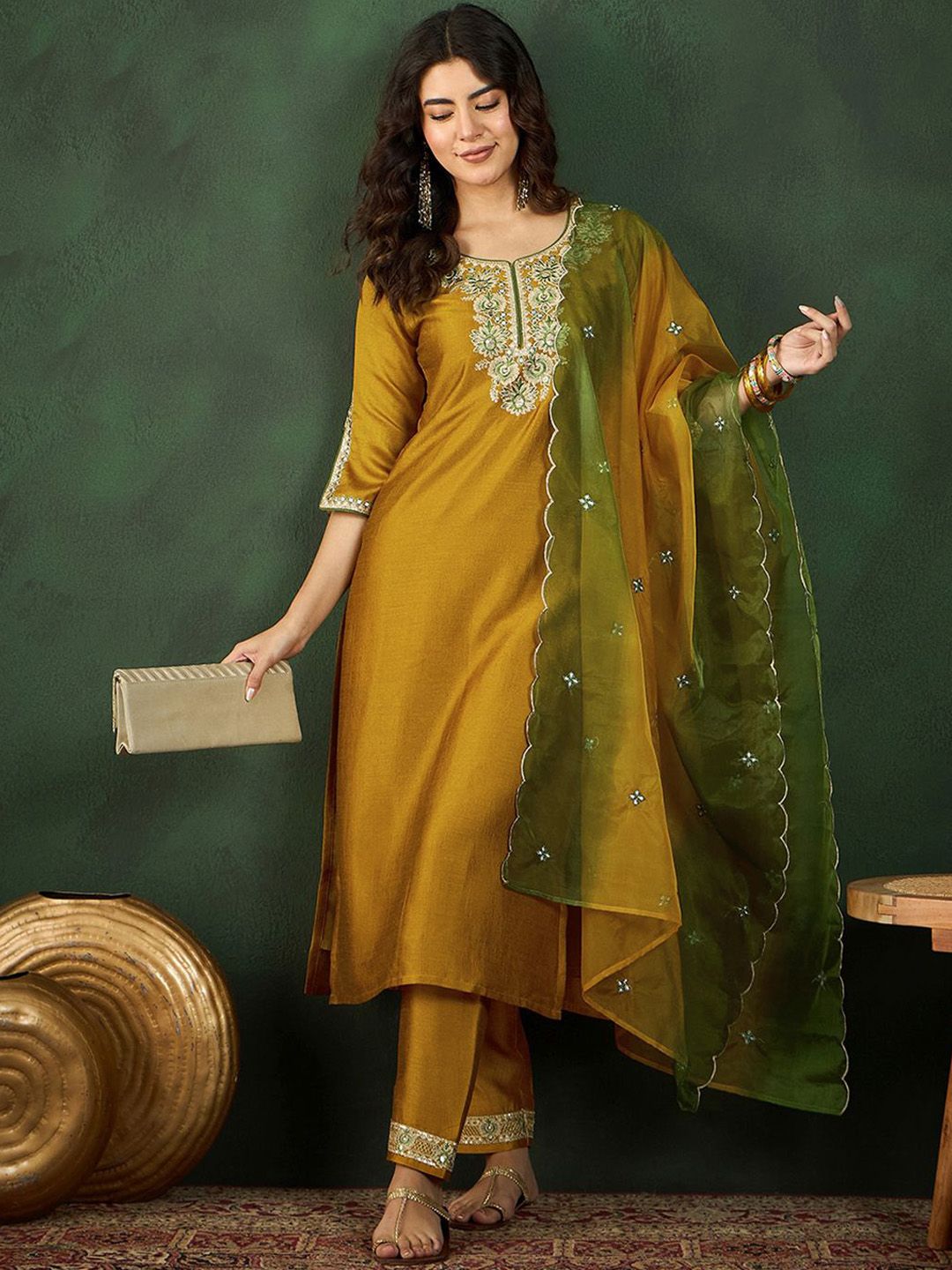 Dhiyona SN Women's Mustard Yellow & Green Floral Embroidered Zari Kurta With Trousers & Dupatta