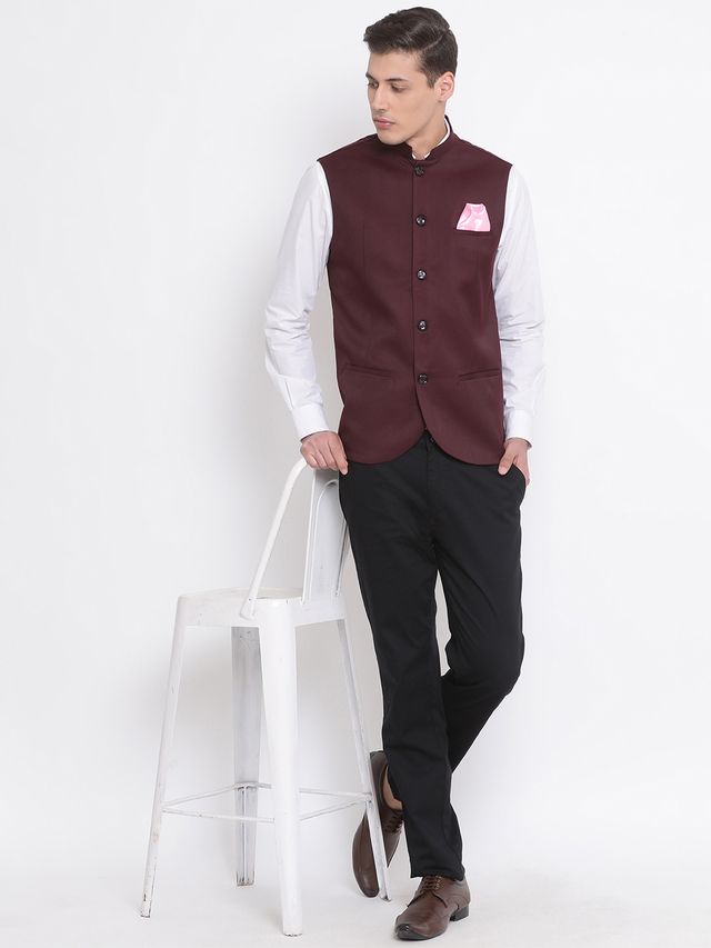 Men's Maroon Cotton Silk Straight Nehru Jacket