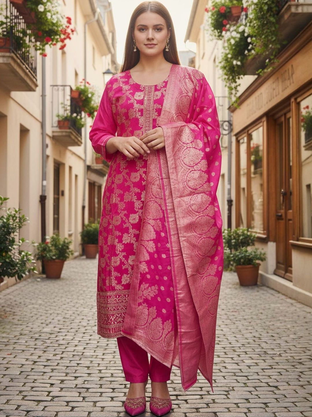 Floral Woven Design Round Neck Zari Work Straight Kurta With Trouser & Dupatta