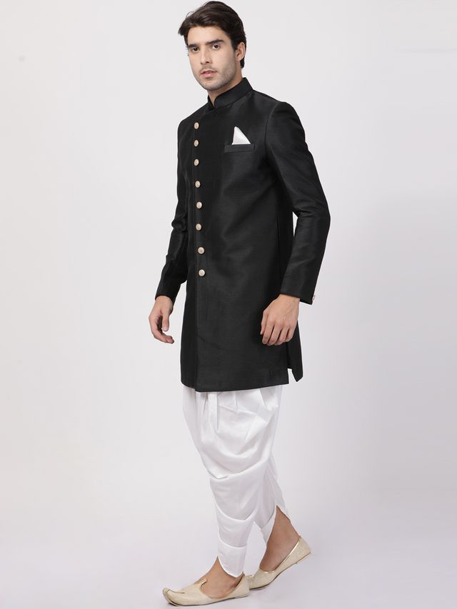 Men's Black Silk Blend Straight Sherwani Set