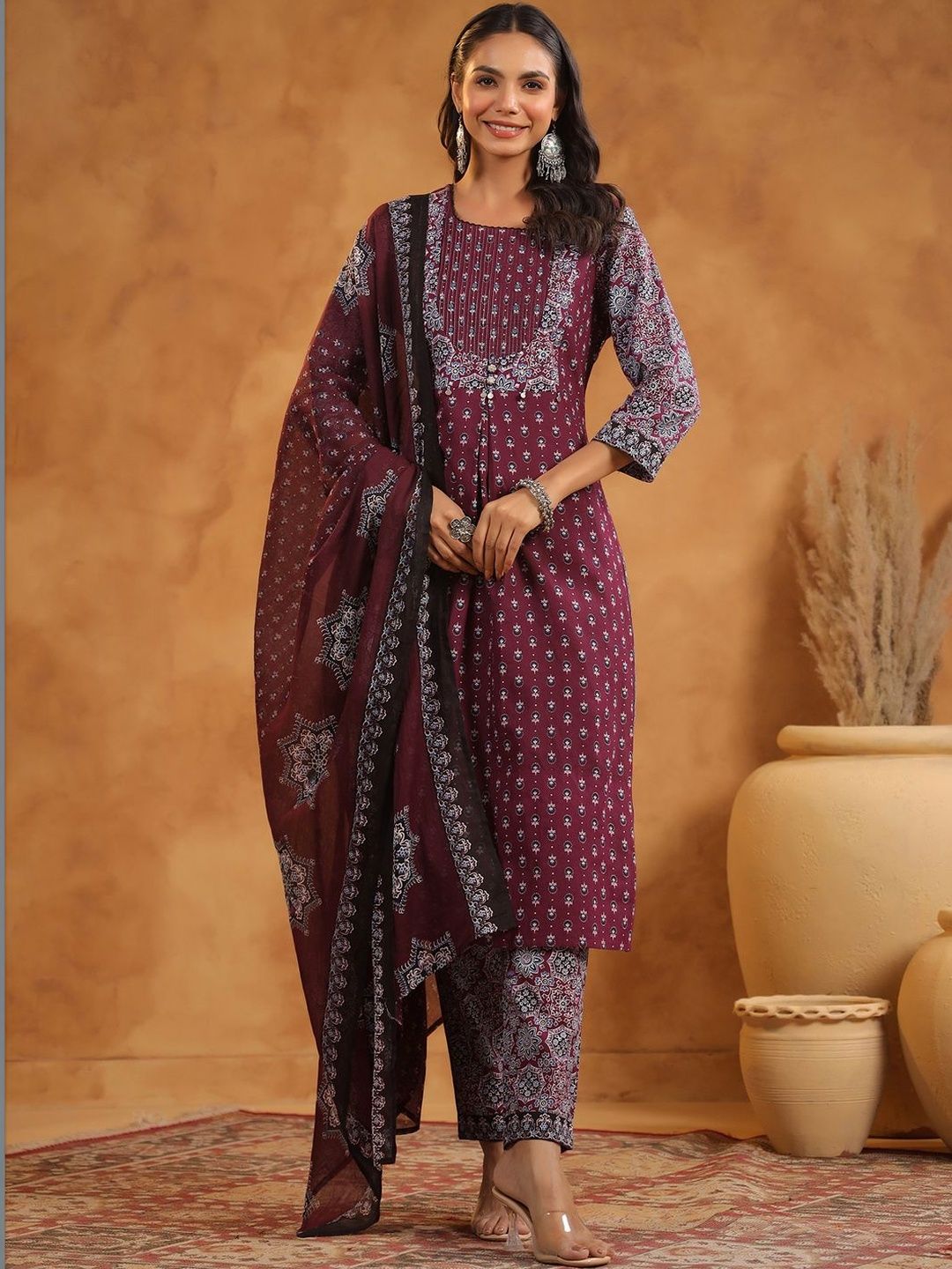 Women Ethnic Motifs Printed Regular Thread Work Pure Cotton Kurta with Trousers & With Dupatta