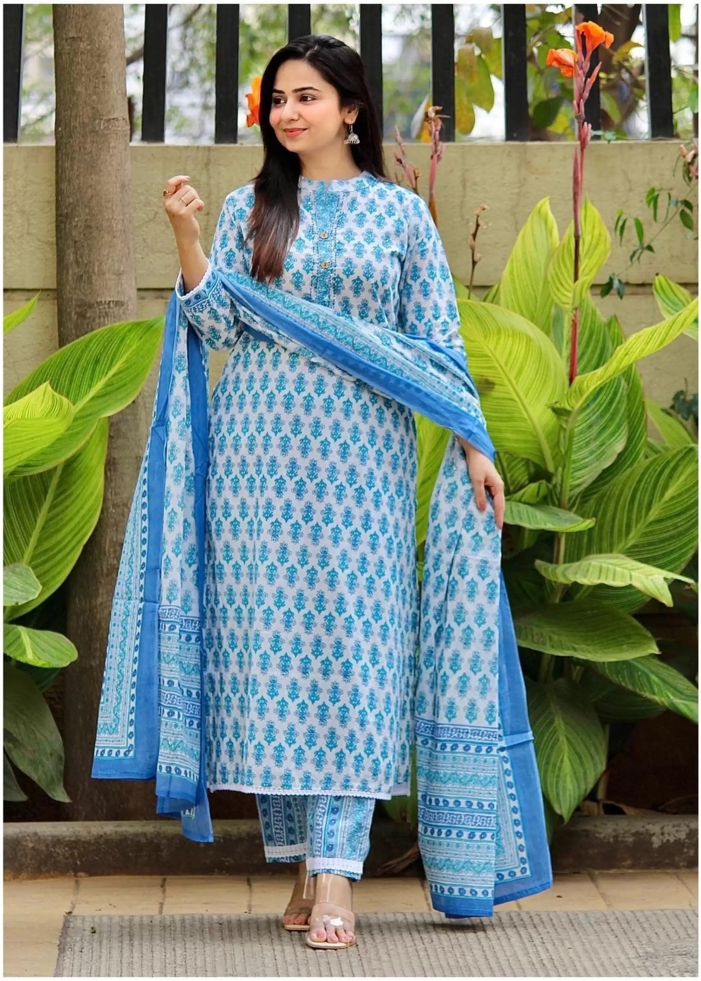 Women White Printed Pure Cotton Kurta, Pant And Dupatta Set