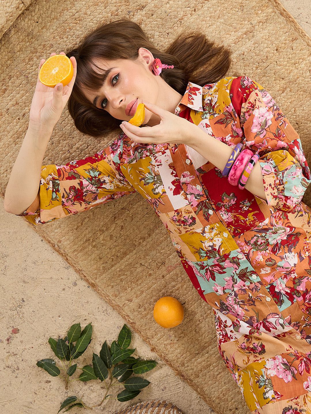 Dhiyona IE Floral Printed Pure Cotton Shirt Collar Tunic With Trousers