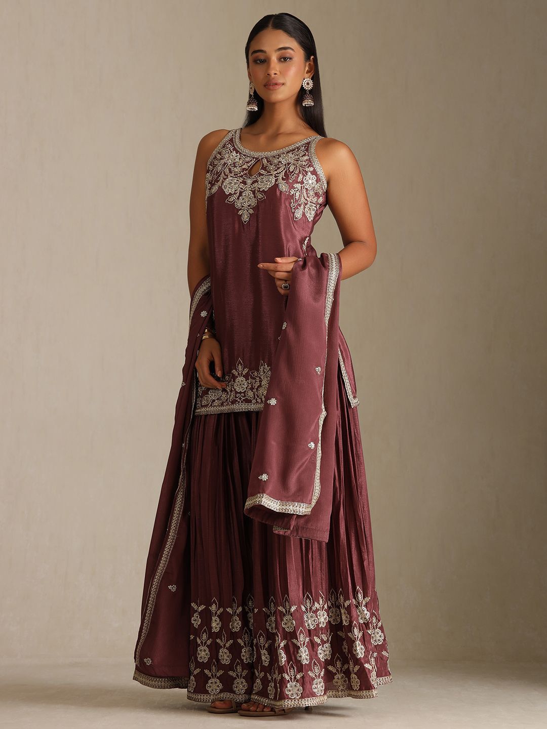 Dhiyona SO Women's Floral Embroidered Chinon Shoulder Straps Straight Kurta with Palazzos & Dupatta
