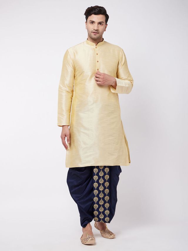 Men's Gold Silk Blend Straight Kurta and Dhoti Set