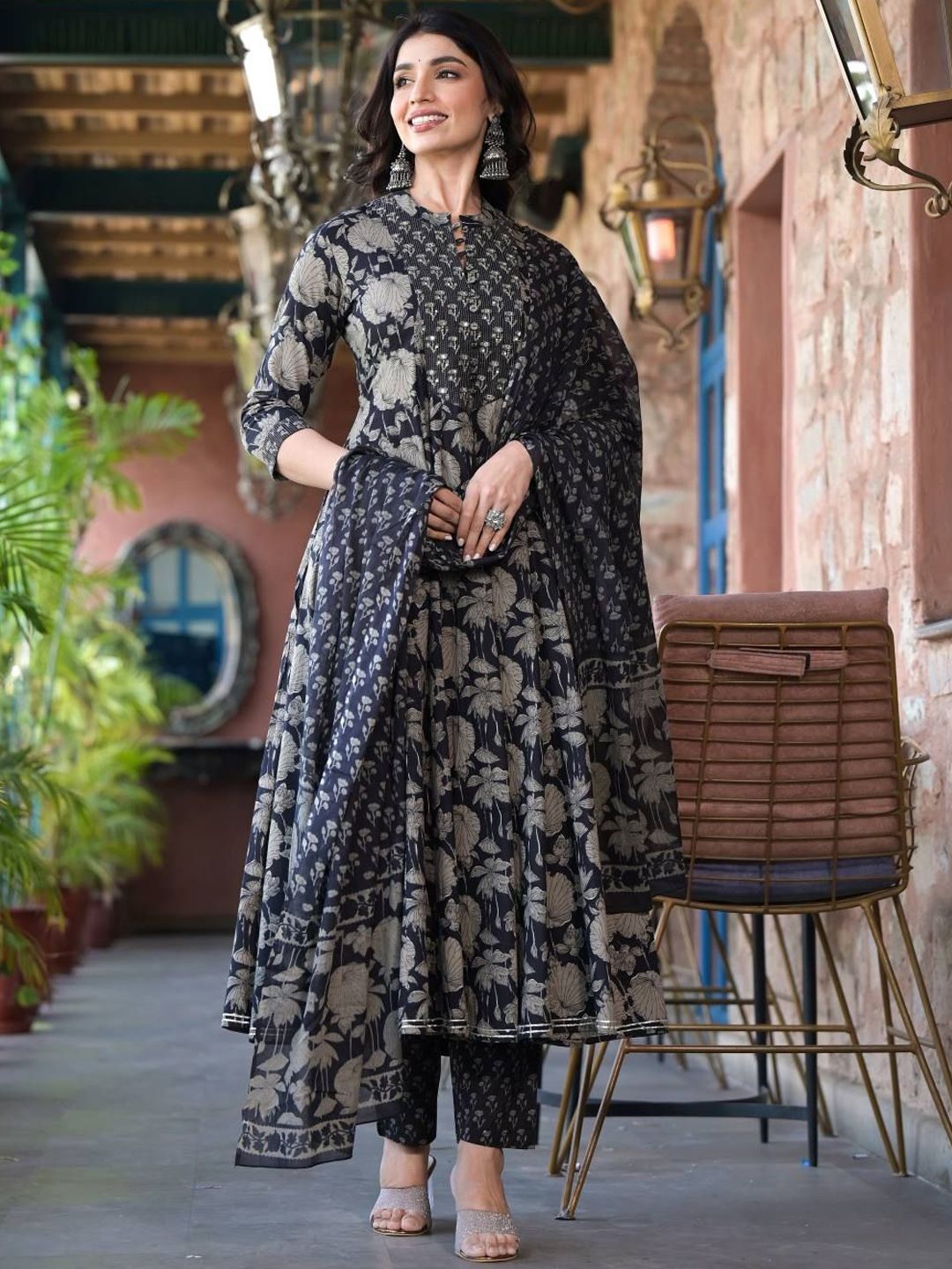 Dhiyona VA Women's Floral Printed Panelled Mirror Work Kurta with Trousers & With Dupatta