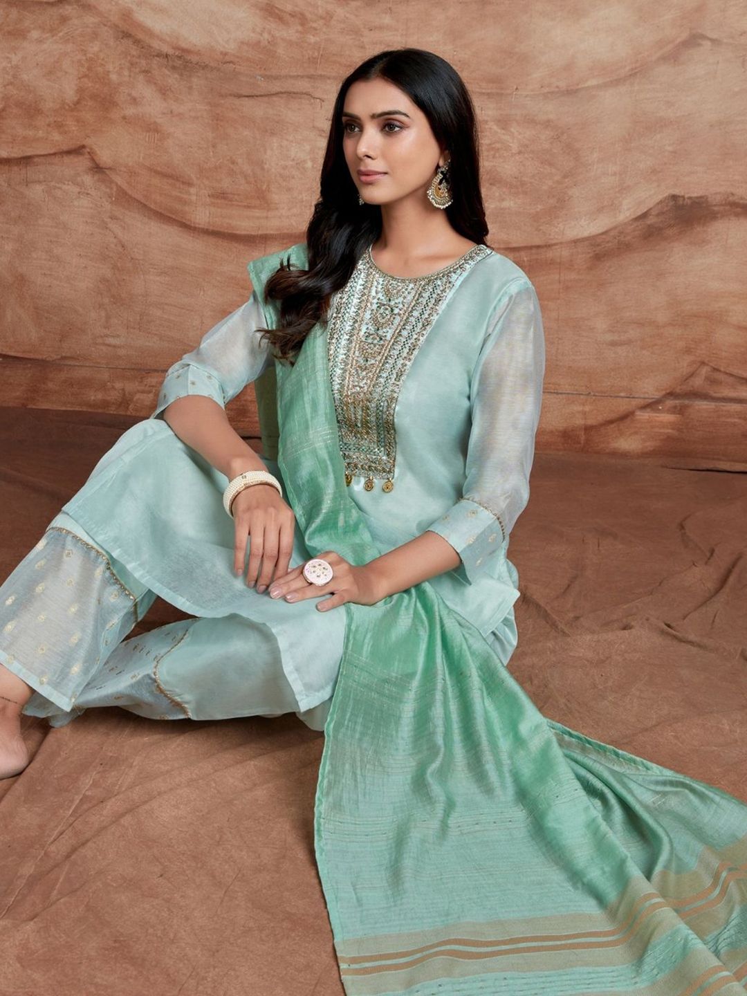 Dhiyona SN Women's Floral Embroidered Sequinned Chanderi Silk Straight Kurta & Palazzo With Dupatta