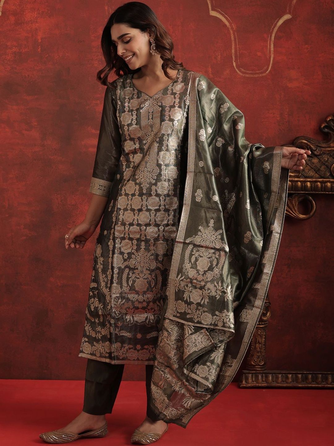 Woven Design V-Neck Zari Straight Kurta With Trousers & Dupatta