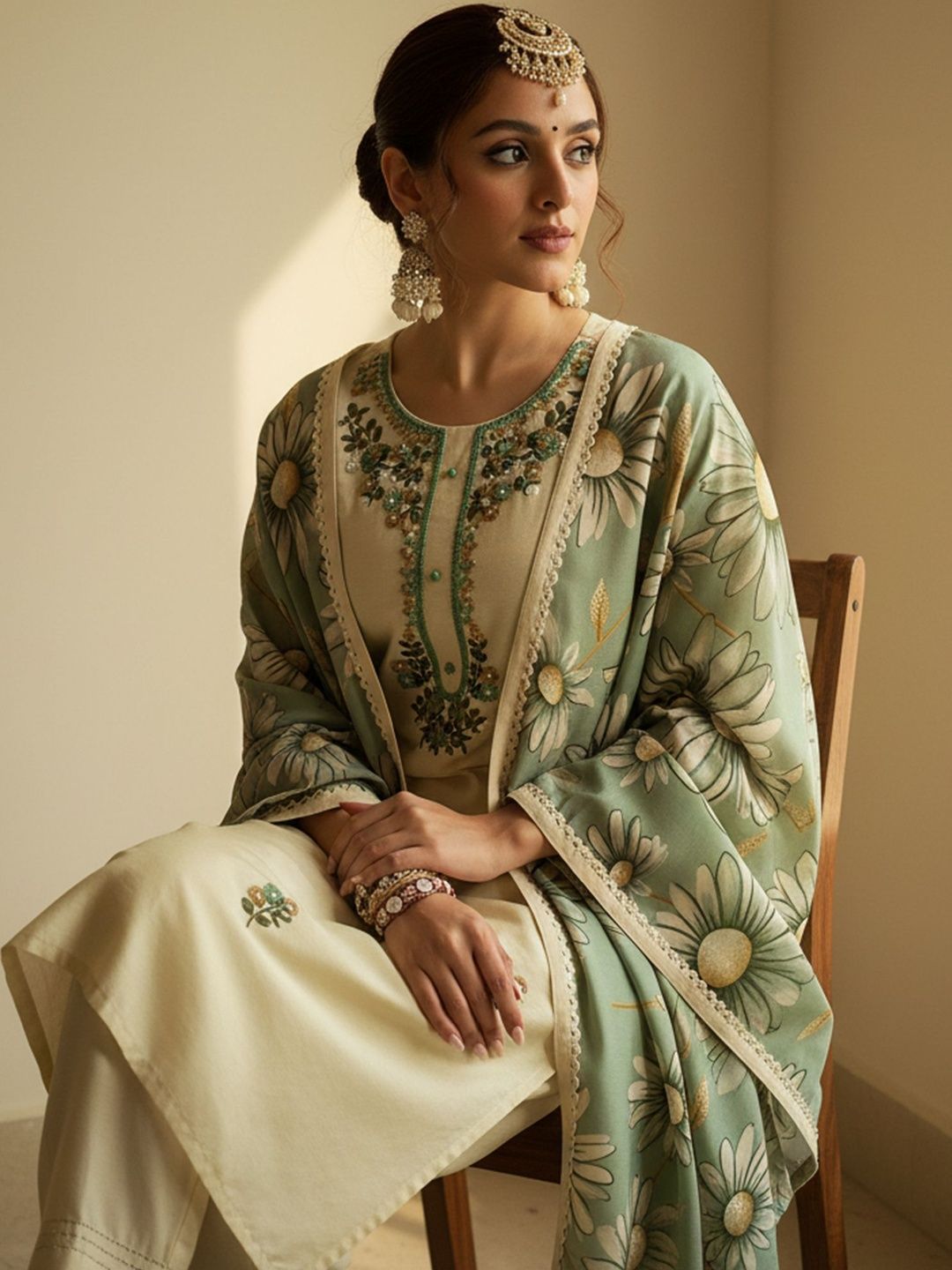 Floral Embroidered Regular Thread Work Kurta With Trousers & Dupatta