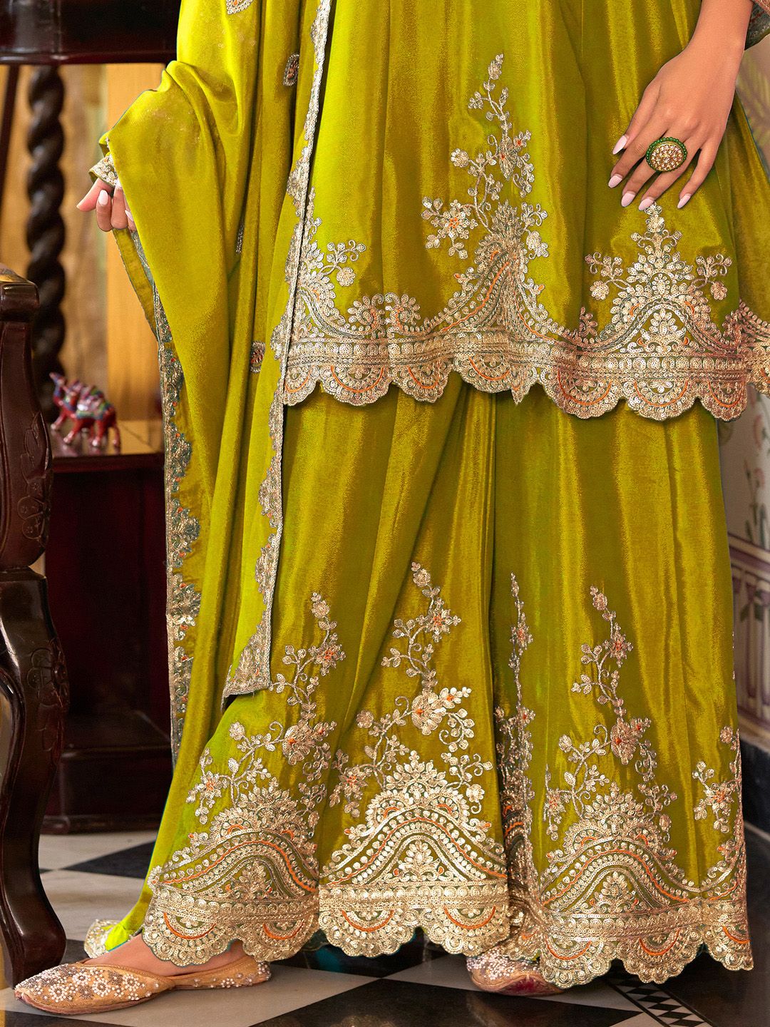 Ethnic Motifs Embroidered V-Neck Sequinned Kurta With Sharara & Dupatta