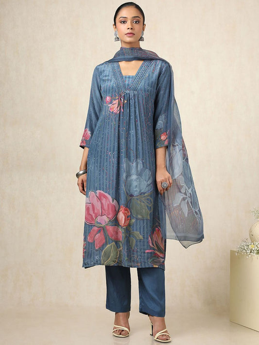 Dhiyona SO Women's Floral Printed Pleated Square Neck Beads & Stones Kurta With Trousers And Dupatta