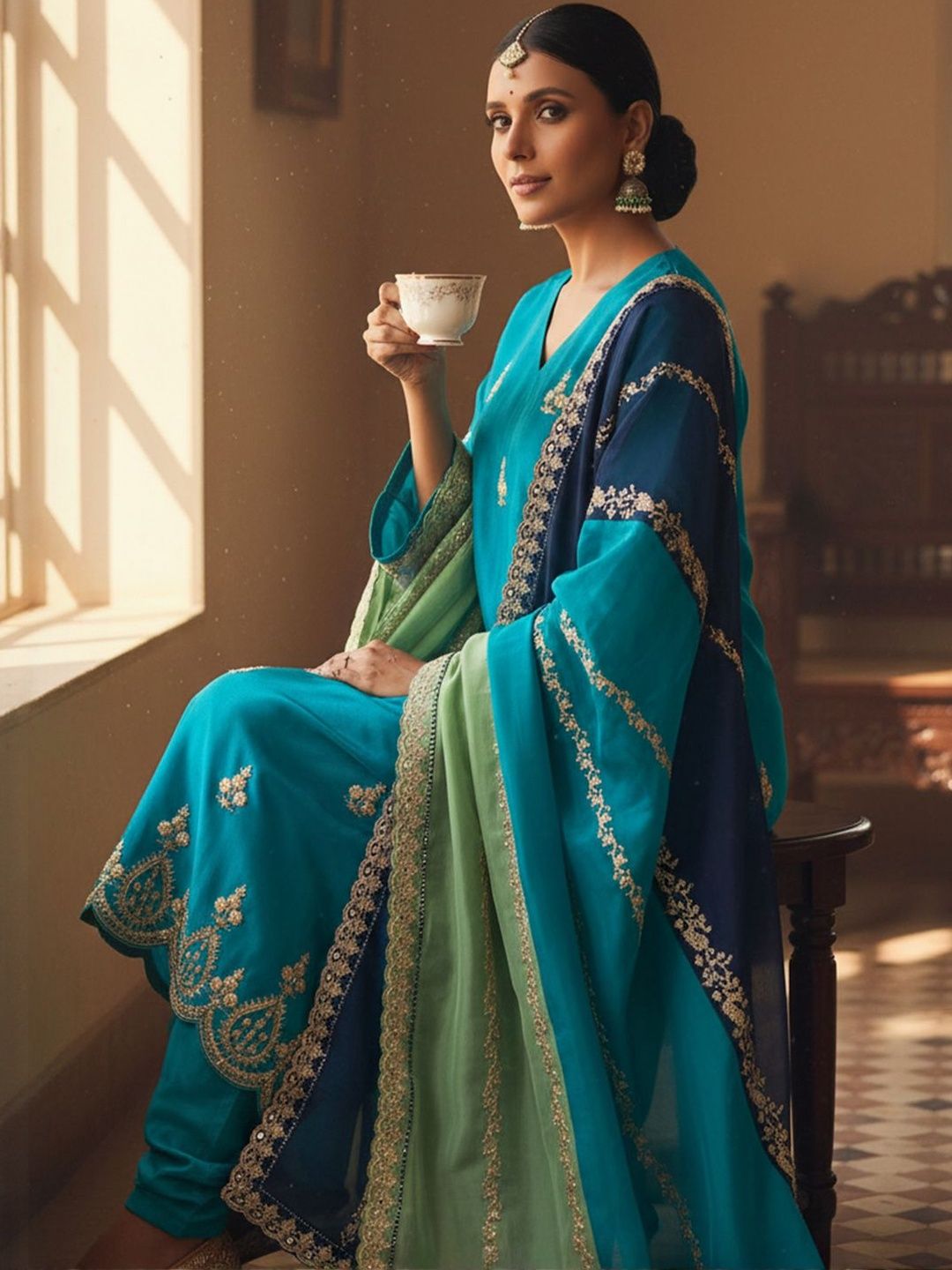 Floral Embroidered V-Neck Thread Work Straight Kurta With Churidar & Dupatta