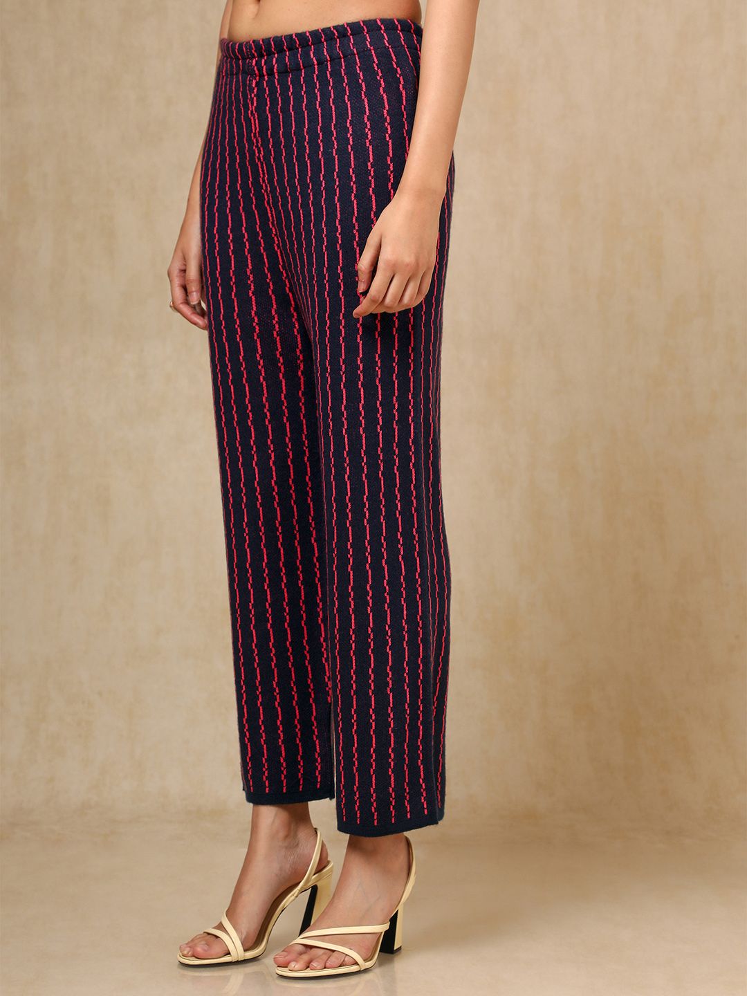 Dhiyona SO Women's Navy Blue Geometric Woven Design Mandarin Collar Acrylic Straight Kurta With Trouser