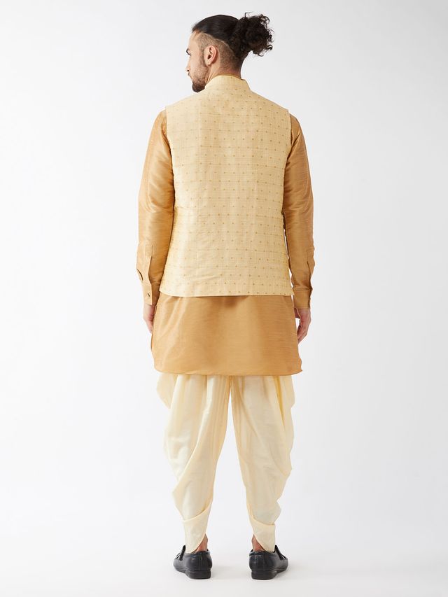 Men's Rose Gold Silk Blend Straight Jacket Kurta and Dhoti Set