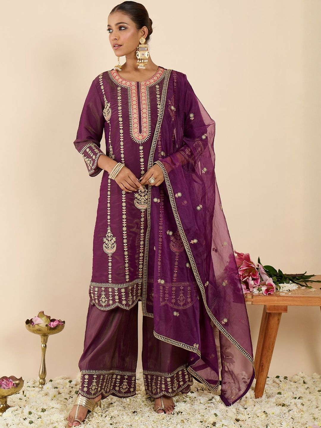 Women Ethnic Motifs Embroidered Regular Kurta with Palazzos & With Dupatta