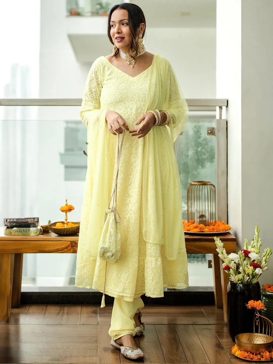 Yellow Full Sleeve Churidar Dhiyona BL Women's Yellow Embroidered