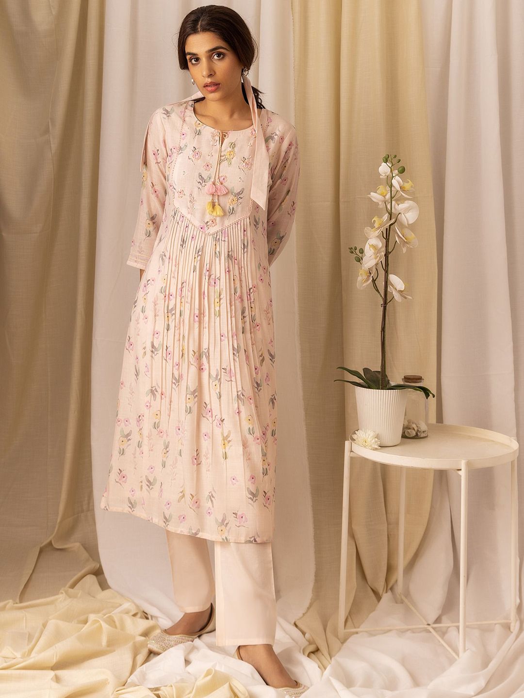 Dhiyona OD Floral Printed Pleated Style A-Line Kurta With Trousers & Dupatta