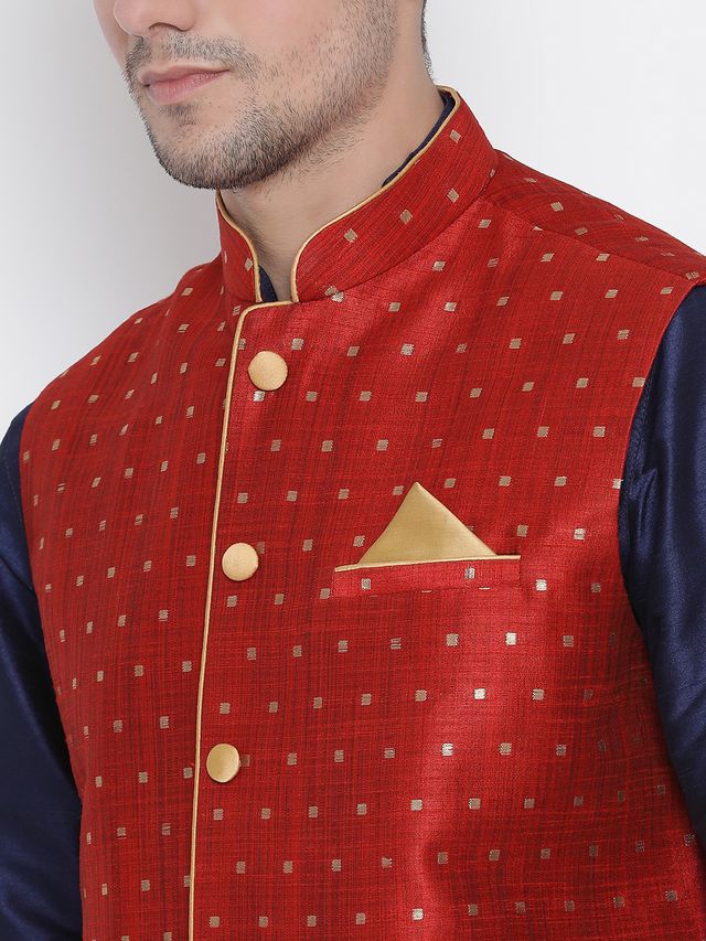 Men's Dark Blue Silk Blend Straight Jacket Kurta and Pyjama Set