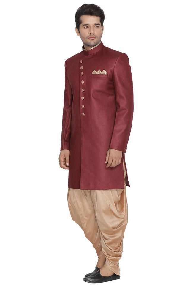 Men's Maroon Polyester Lurex Blend Straight Sherwani Set