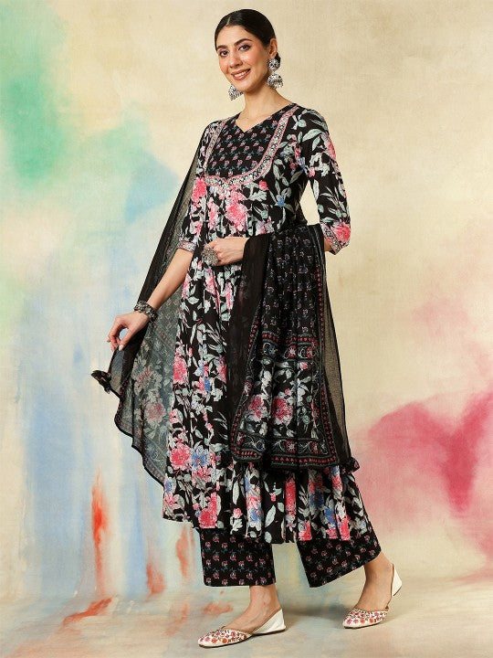 Women's Floral Printed V-Neck Anarkali Pure Cotton Kurta With Palazzos And Dupatta