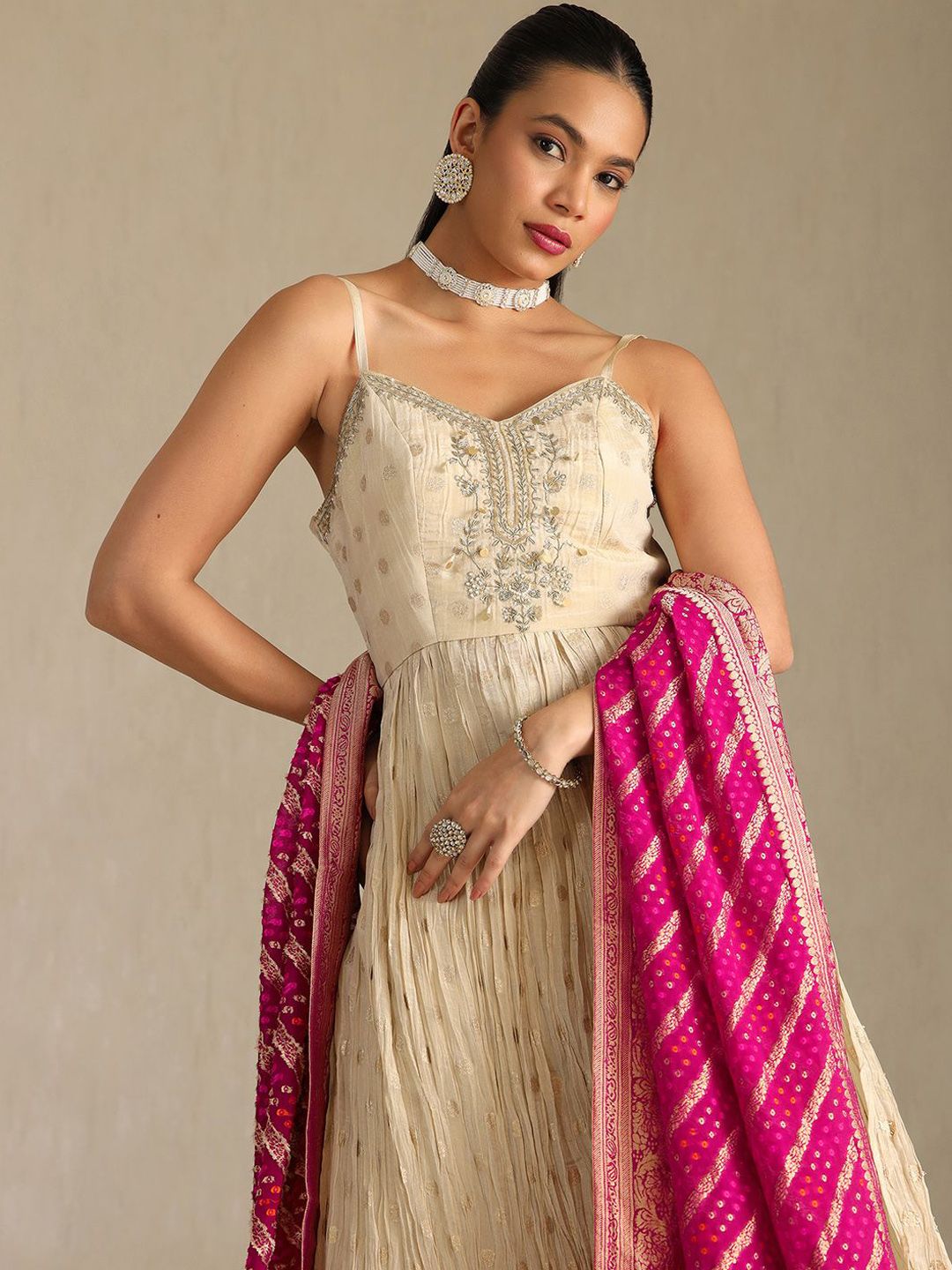 Dhiyona SO Women's Floral Woven Design Sequinned Pleated Anarkali Tissue Kurta With Palazzos & Dupatta