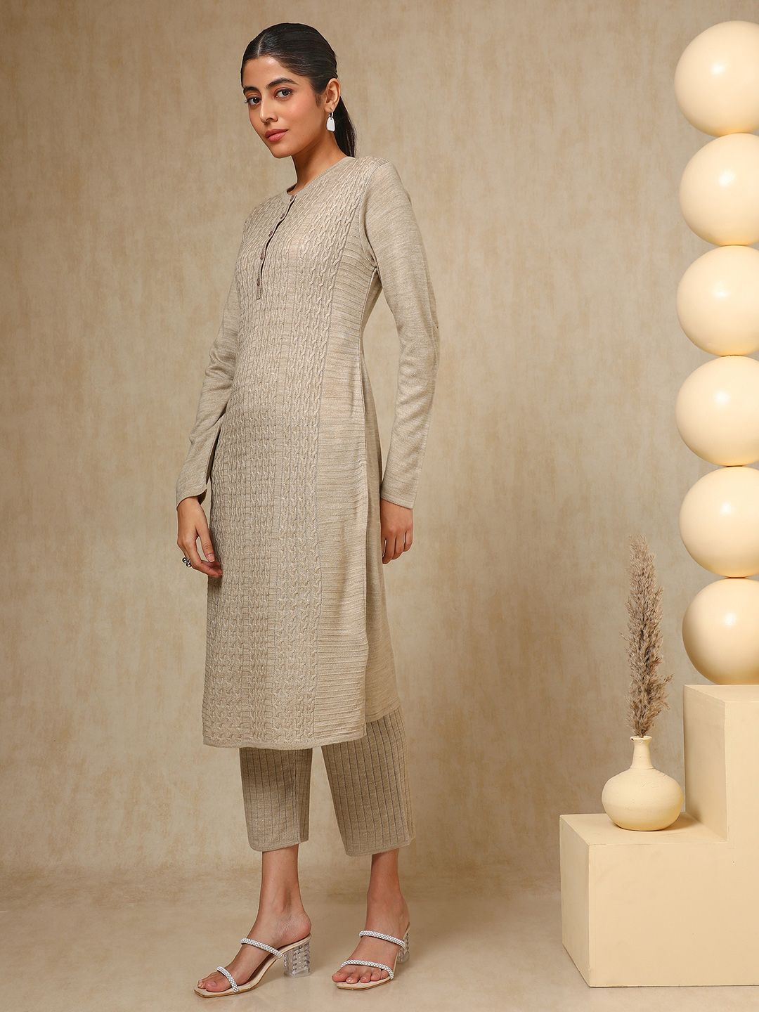 Dhiyona SO Women's Beige Geometric Woven Design Acrylic Straight Kurta With Trouser