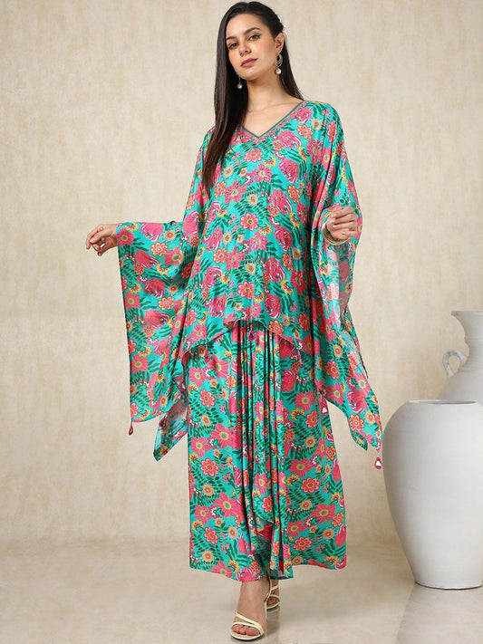 Dhiyona SO Women's Floral Printed Kaftan Kurta with Skirt