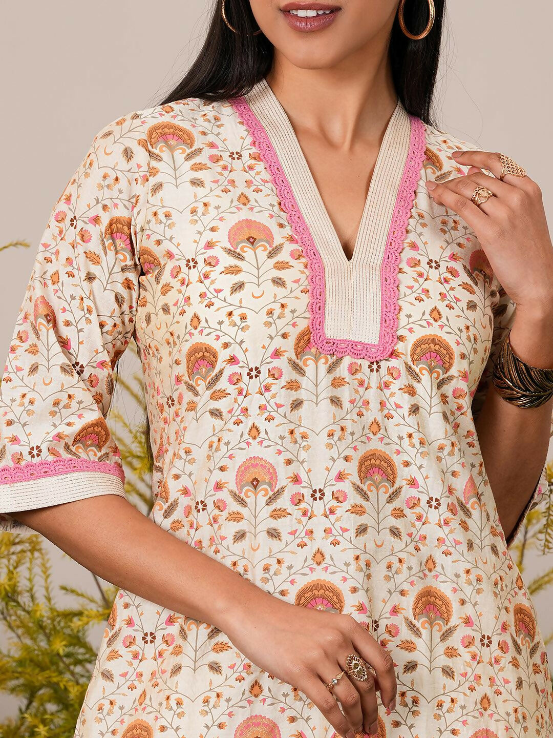 Women's LB Beige Printed Chanderi Silk A-Line Kurta With Palazzos