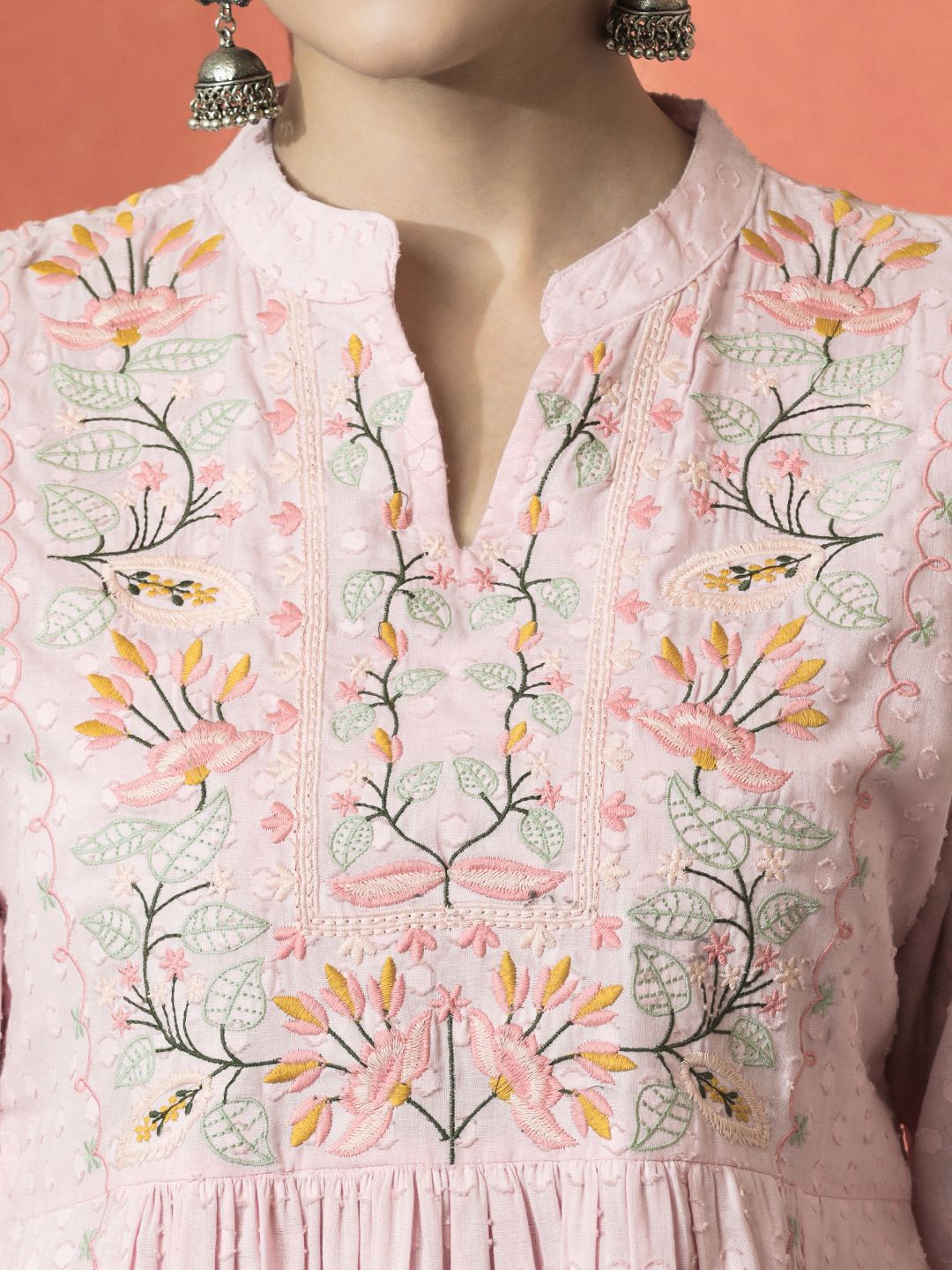 Dhiyona SN Women's Floral Embroidered Mandarin Collar Cotton A-Line Kurta With Trouser & Dupatta