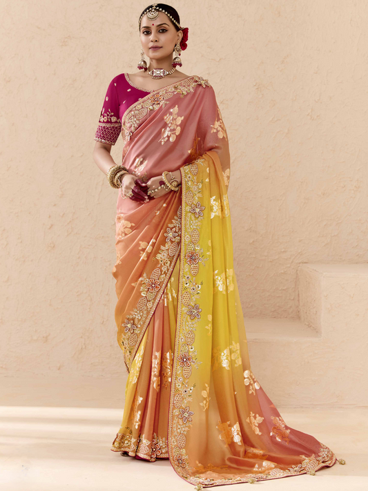 Dhiyona KM Women Shaded Peach, Orange & Yellow Tussar Silk Saree