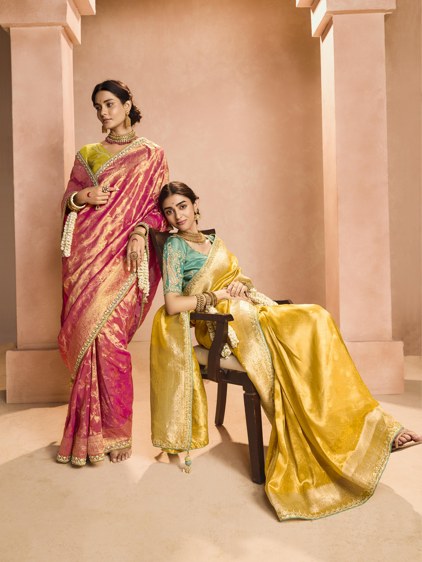 Dhiyona KM Women Red Kanjivaram Silk Saree With Lime Green Embroidered Blouse